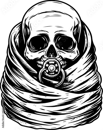 SVG cartoon skull with skeleton elements in bold tattoo style design. Skull Wrapped in Cloth with Pacifier Artwork for Unique Designs
