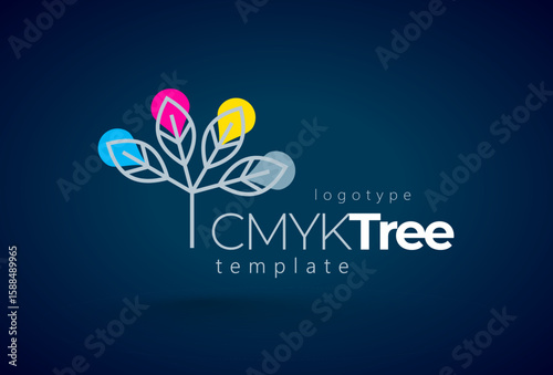 Cmyk Logo. Abstract Tree Leafs Printing theme. Template design vector. Black background