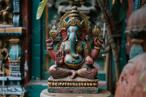 Colorful wooden statue of ganesha sitting and holding religious symbols