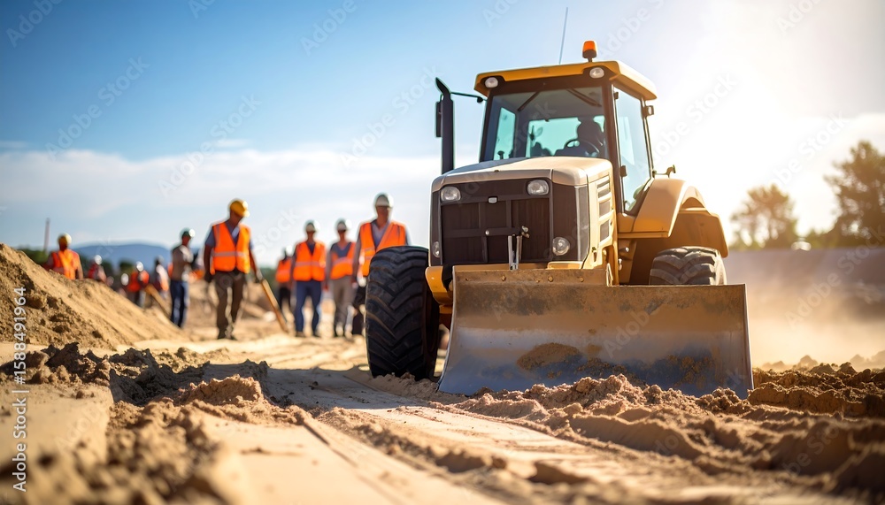 Obraz premium Construction workers on a job site with a tractor