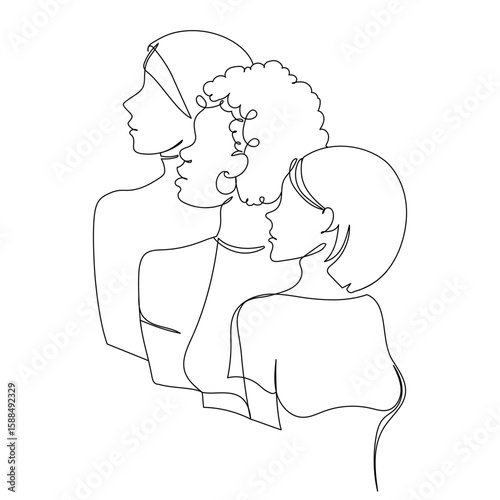 Minimalist continuous line drawing of three diverse women in profile view, abstract female faces illustration on white background. Diversity Concept One Line Women Art. Vector Illustration