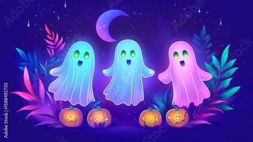 Three cute ghosts floating above jack o lanterns under a crescent moon at night, ideal for Halloween celebration. Samhain