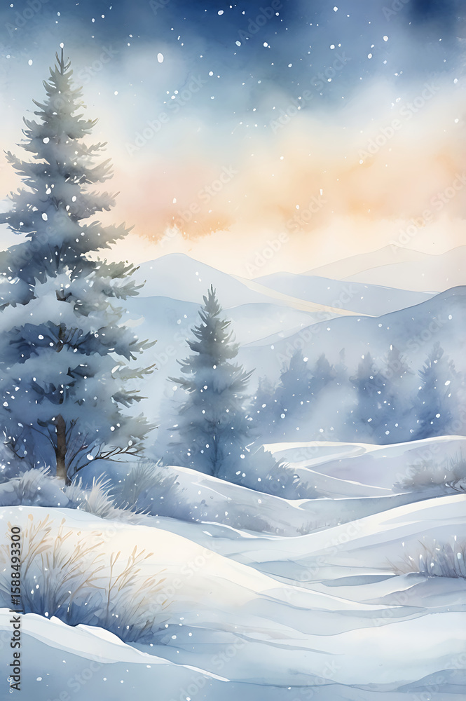 custom made wallpaper toronto digitalDelicate Christmas Snowfall in Soft Watercolor Sky – Vertical Holiday Background Illustration for Cards, Copy space, Mockup