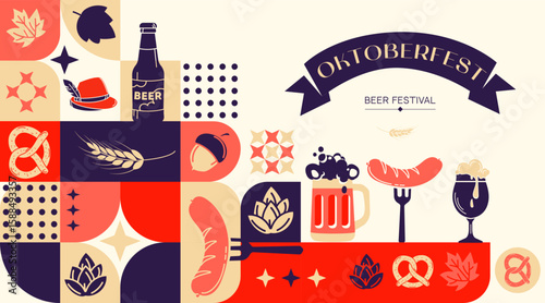 Oktoberfest Beer Festival Banner with Traditional Icons in modern geometric style. Modern flat design Beer fest illustration with beer, sausage, pretzel, hops, and traditional festival icons. Vector