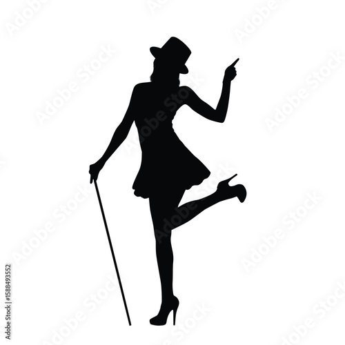 Silhouette of a Dancing Woman Wearing Hat and Holding a Cane, Stylish Female Dancer Pose