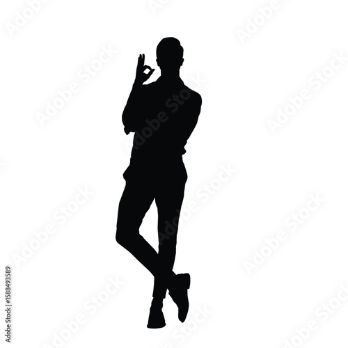 Silhouette of a Man Standing with One Hand Showing OK Gesture, Confident Male Pose in Black Vector Art
