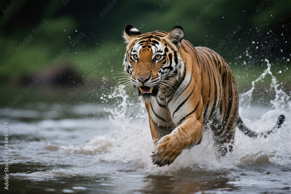Fototapeta premium Majestic Tiger Running Through Water: Wildlife Photography