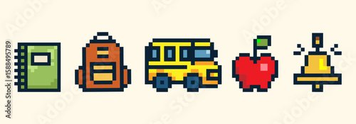 School icon set Pixel art style with notebook, backpack, school bus, apple, and bell in retro pixel style, perfect for back to school concept, stickers, apps, game, web, educational projects. Vector