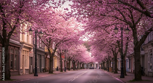 A street lined with blooming cherry blossom trees creating a pink canopy over the road, with buildings and lampposts on either side.
