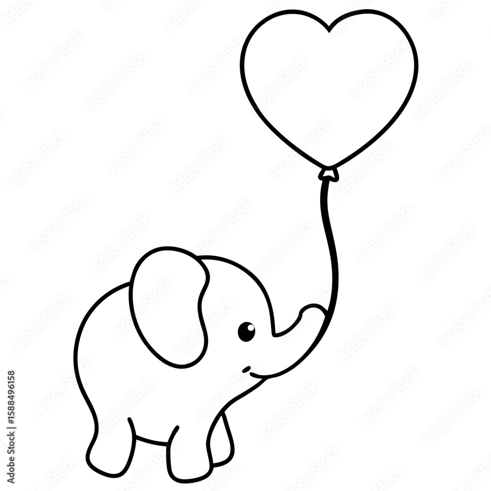 Obraz premium Cheerful baby elephant with floating heart balloon Line Art Vector illustration