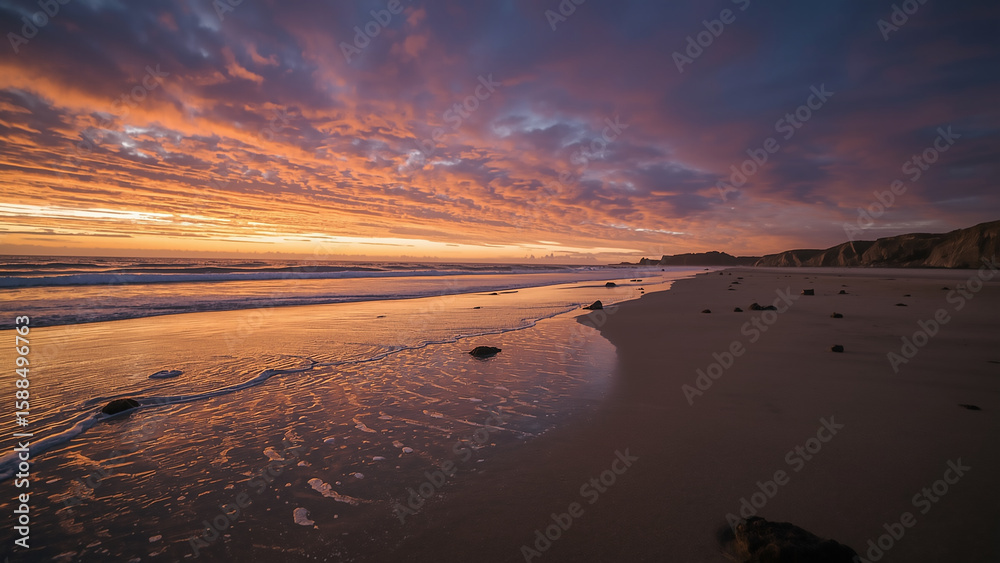 Obraz premium Dramatic Sunset Sky Reflected on a Peaceful Beach