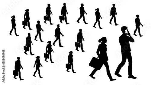 Vector art of a diverse group of business people walking and talking on their phones, silhouetted against a transparent background