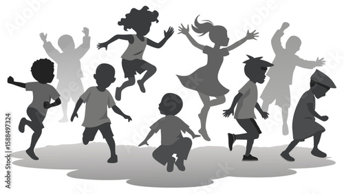Vector art of energetic silhouettes of children actively running, jumping, and dancing in a joyful group on a transparent background