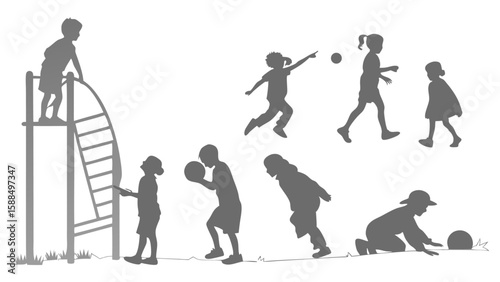 Vector art of silhouettes of diverse children actively playing with balls and on playground equipment on a transparent background