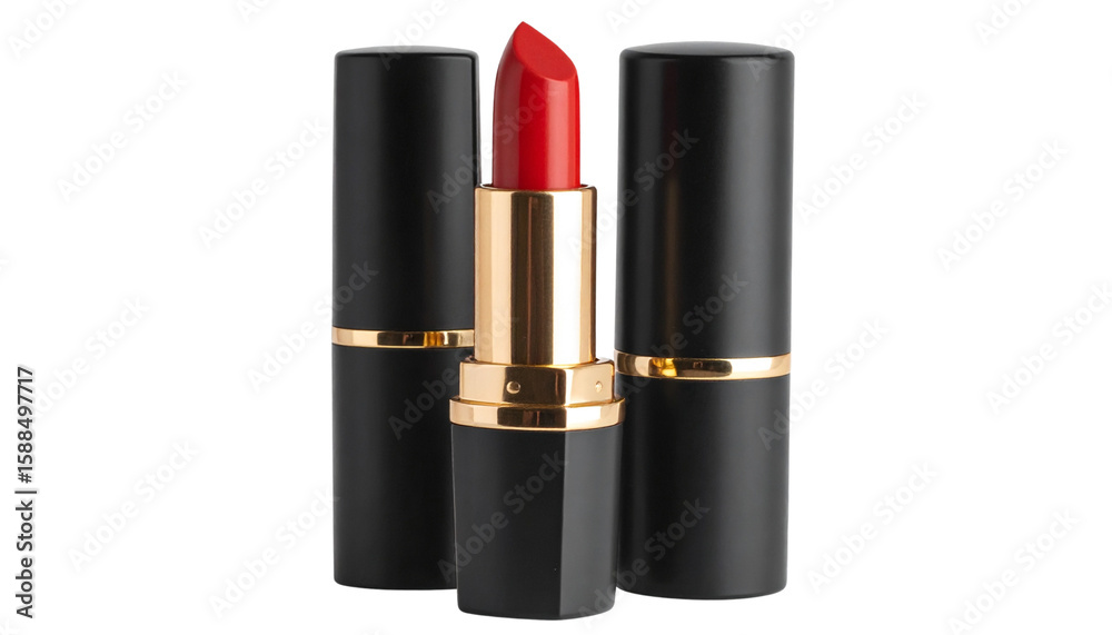 Obraz premium Elegant Red Lipstick in Luxurious Gold and Black Packaging on Clear Background