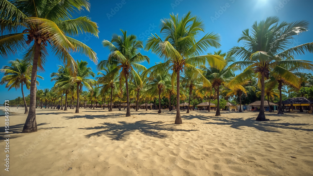 Fototapeta premium Sunny Tropical Beach with Palm Trees and Clear Blue Sky