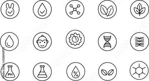 Organic, natural, vegan, cruelty free, collagen, anti age, antioxidant cosmetic editable stroke outline icons set isolated on white background flat vector illustration.