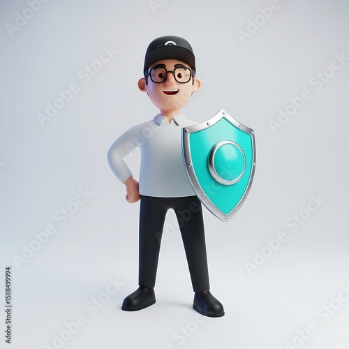Security Guard Cartoon Character Shielding Protection and Cybersecurity Concept