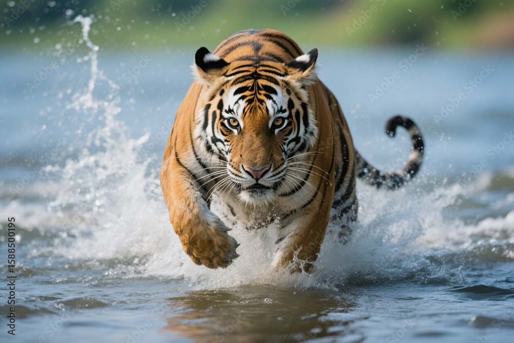 Obraz premium Majestic Bengal Tiger Running Through Water