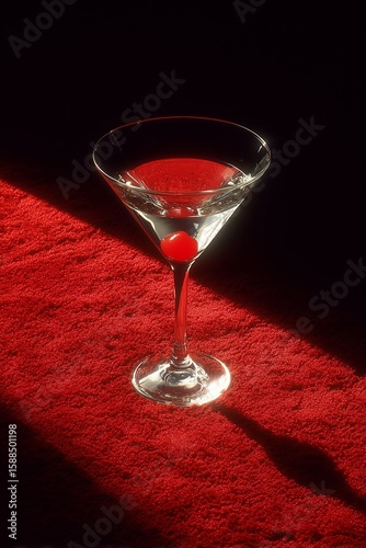 A single martini glass filled with a clear liquid and a bright red cherry, perfectly centered on the red velvet carpet.