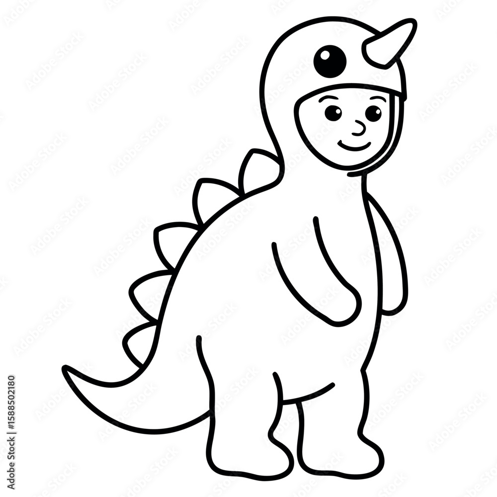 Fototapeta premium Baby dressed in dino outfit looking joyful Line Art Vector illustration
