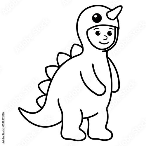 Baby dressed in dino outfit looking joyful Line Art Vector illustration