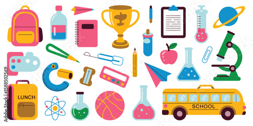 School Elements Vector Set in Hand Drawn Flat Style Featuring Back to School
