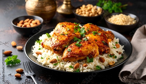 Roasted chicken thighs with rice and almonds