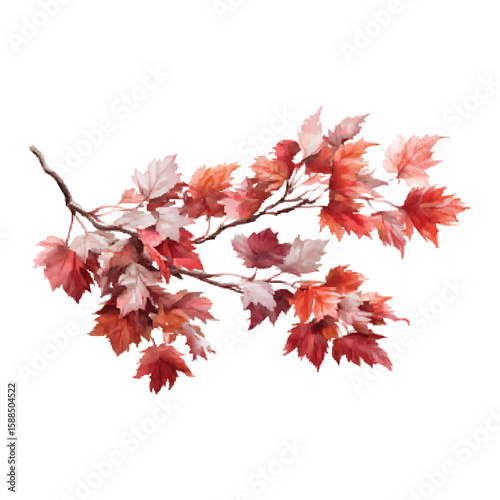 Watercolor illustration of maple branch with vibrant autumn foliage on transparent background