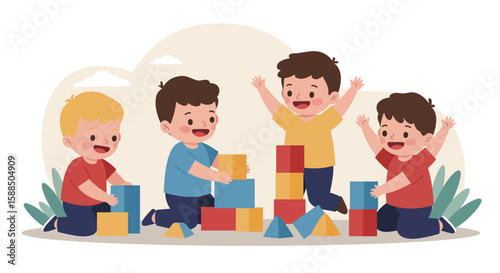 Playful Children Building and Playing with Colorful Blocks.