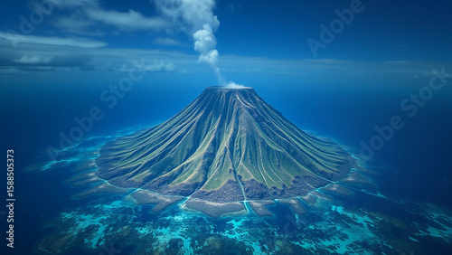 Underwater Volcano (16:9), a conical seamount rising from a deep plain with coral-covered slopes, cinematic lighting
