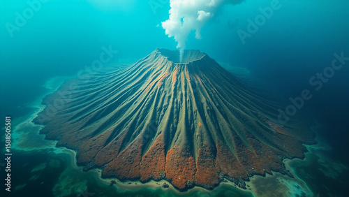 Underwater Volcano (16:9), a conical seamount rising from a deep plain with coral-covered slopes, cinematic lighting