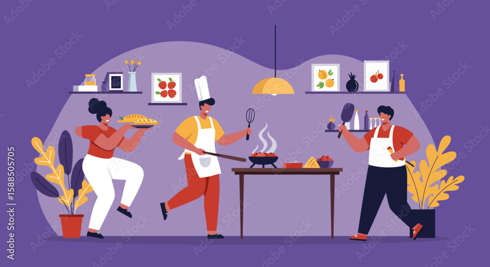 Obraz premium Three Cartoon Chefs Cooking and Preparing Food Together.