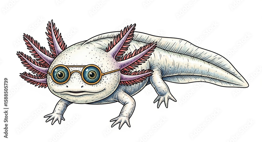 Fototapeta premium A cute axolotl wearing glasses, isolated on white background
