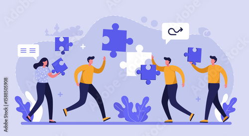 Teamwork Concept: People Assembling Puzzle Pieces.