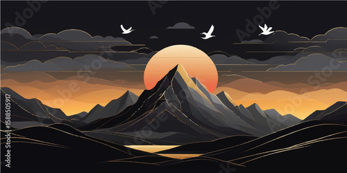 Golden sunset and fiery sunrise paint the rugged mountain landscape, as clouds drift across the sky, transitioning from dusk to dawn with light and silhouette