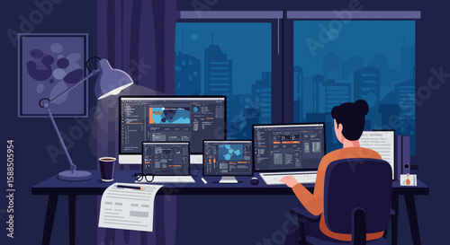 Person Working on Multiple Computer Screens at Night.