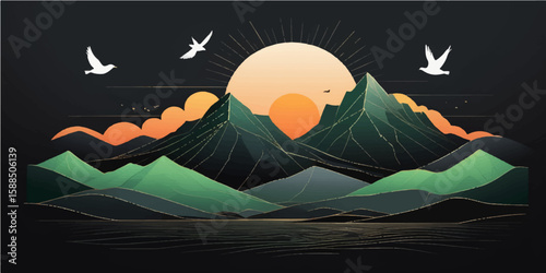 Spooky Halloween vector illustration featuring a night landscape with silhouetted trees, mountains, and a moonlit sky