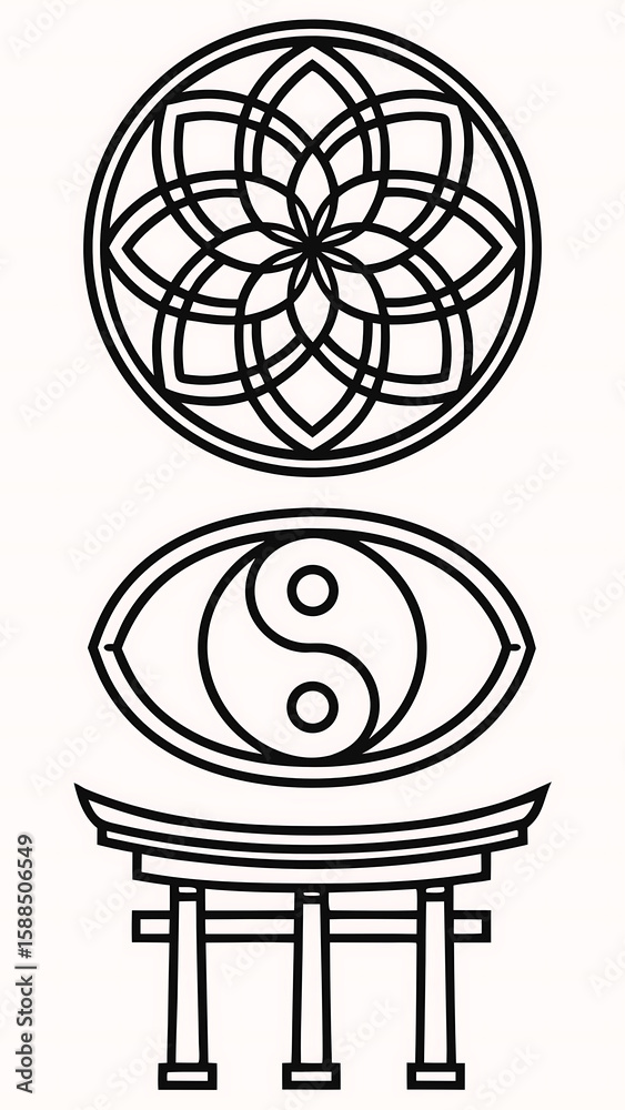 Fototapeta premium Illustration of sacred geometry, yin yang, and torii gate symbols