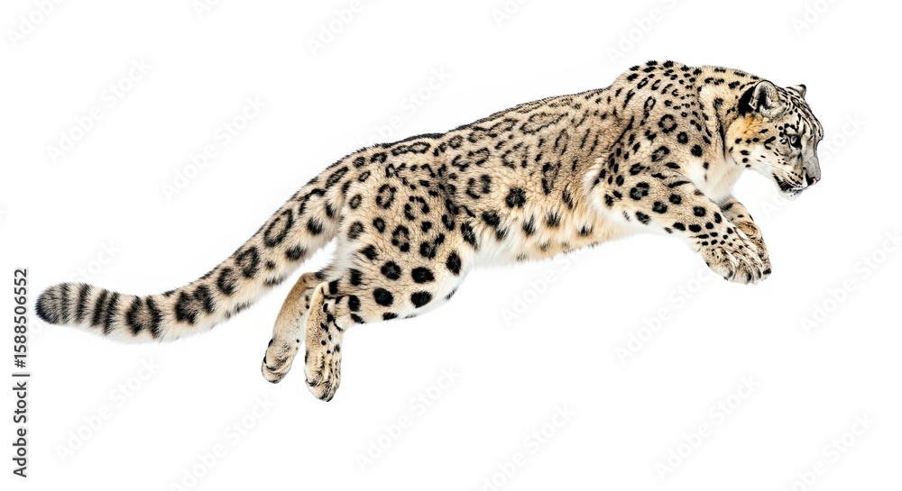 Fototapeta premium A snow leopard leaping forward, isolated on white background