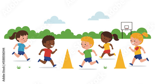 Children Running Outdoor Sports Activity.