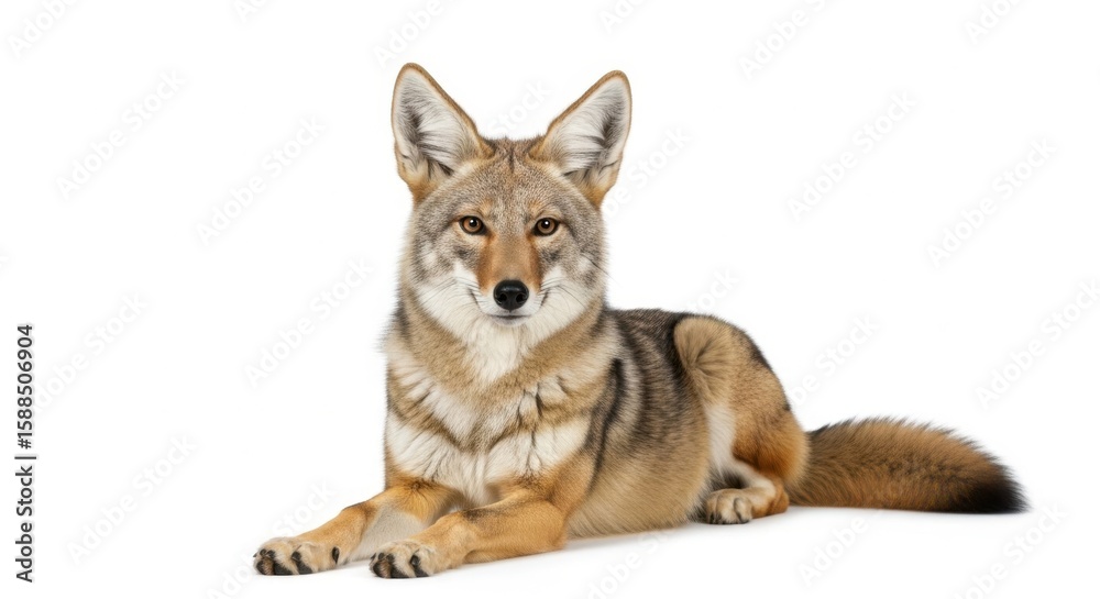 Fototapeta premium A majestic coyote rests peacefully on a clean white background
