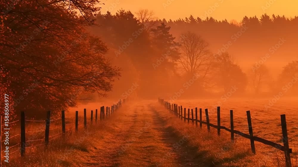 Sunrise path through a field with a fence