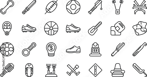 A collection of various outlined icons representing sports equipment and tools on a white background