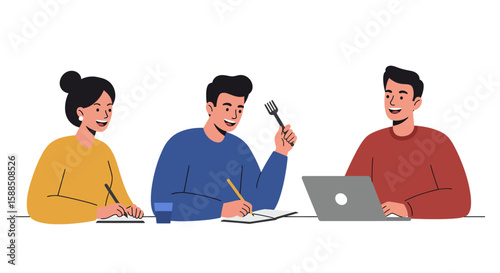 Three People Working Together Smiling and Interacting.
