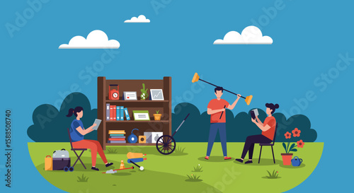 People Working and Relaxing Outdoors at a Yard Sale.