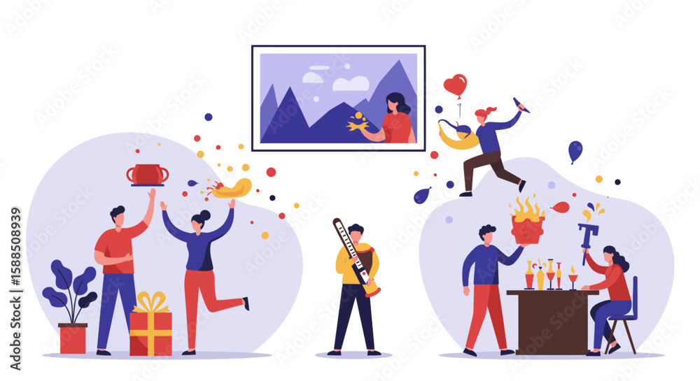 Fototapeta premium Colorful Illustration of People Celebrating with Various Elements.