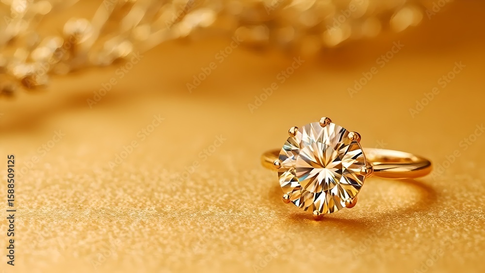 Fototapeta premium elegant gold ring, sparkling diamond solitaire, luxury jewelry, minimalist design, glowing metallic surface, sophisticated accessory, precious gemstone, close-up photography, warm lighting, opulent el