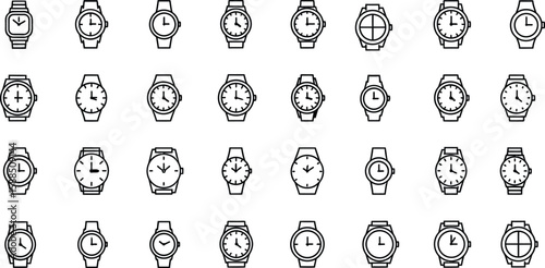 A collection of many different wrist watches in a grid pattern with a white background and black outlines