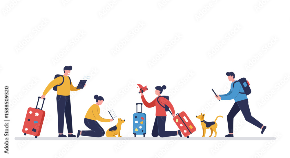 Naklejka premium Family Travel with Pets and Luggage.
